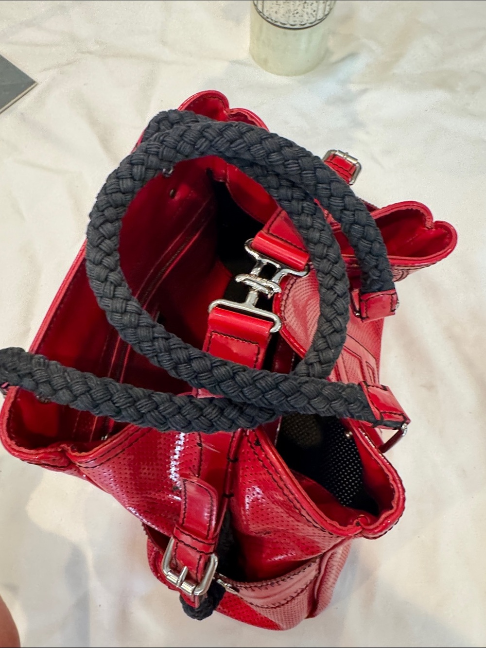 Authentic Fendi Red Patent Satchel with Black Braided Handles - Picture 13 of 17